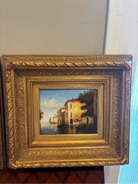 Vintage Framed Oil Painting of Venetian Canal Scene